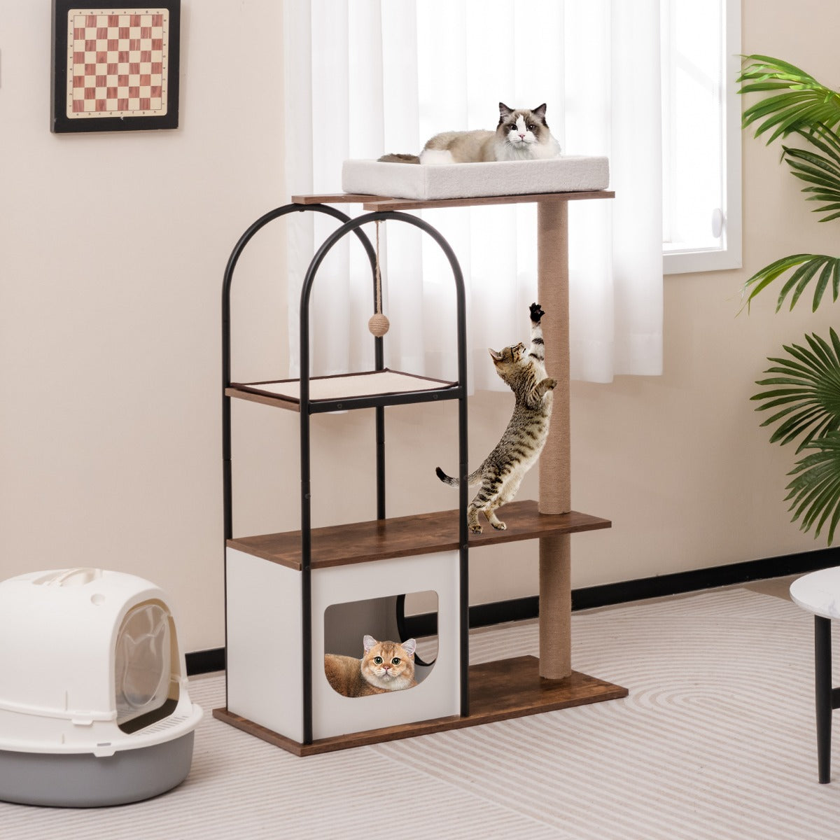 NNECW 118 CM Tall Cat Tree Tower Top Perch Cat Bed with Metal Frame-White
