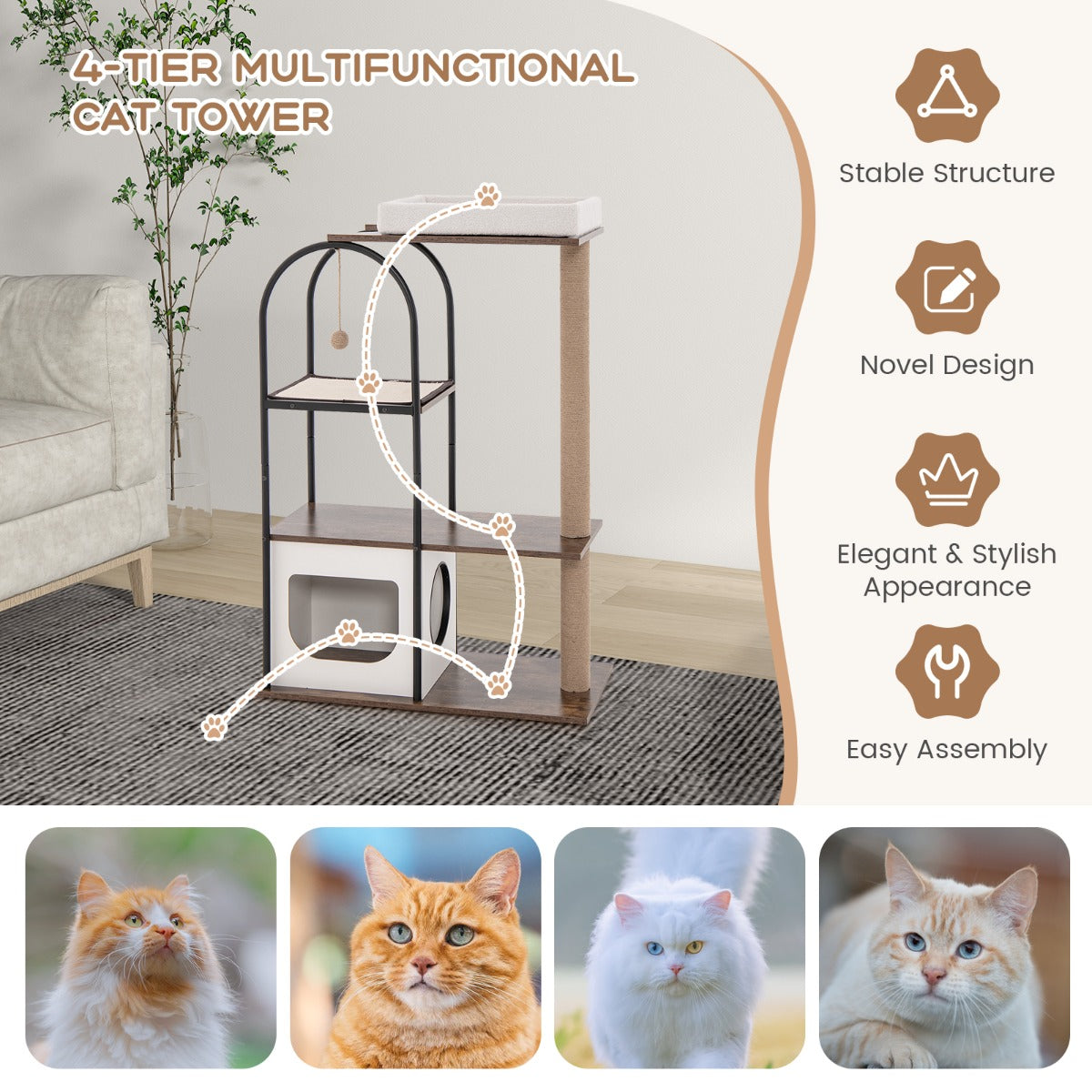 NNECW 118 CM Tall Cat Tree Tower Top Perch Cat Bed with Metal Frame-White