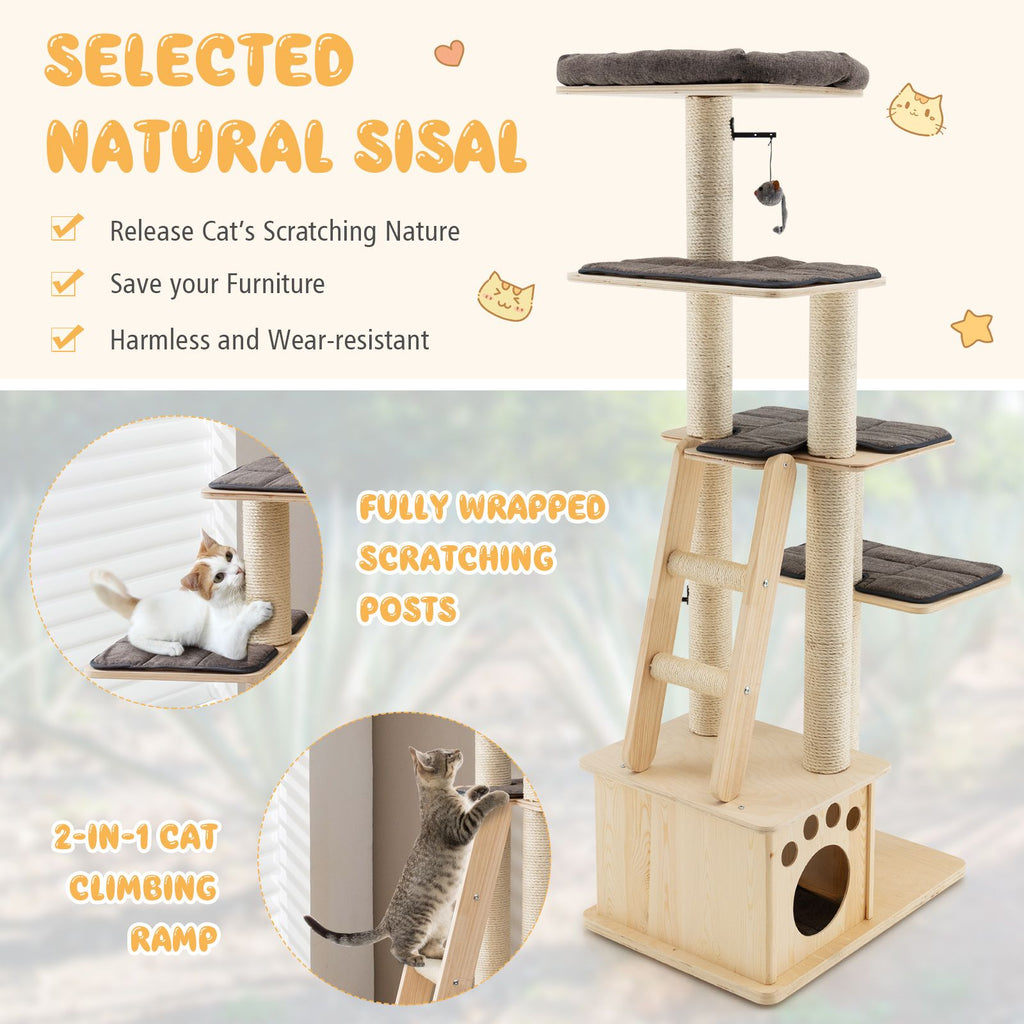 Modern Wooden Cat Tree Tower with Cat House