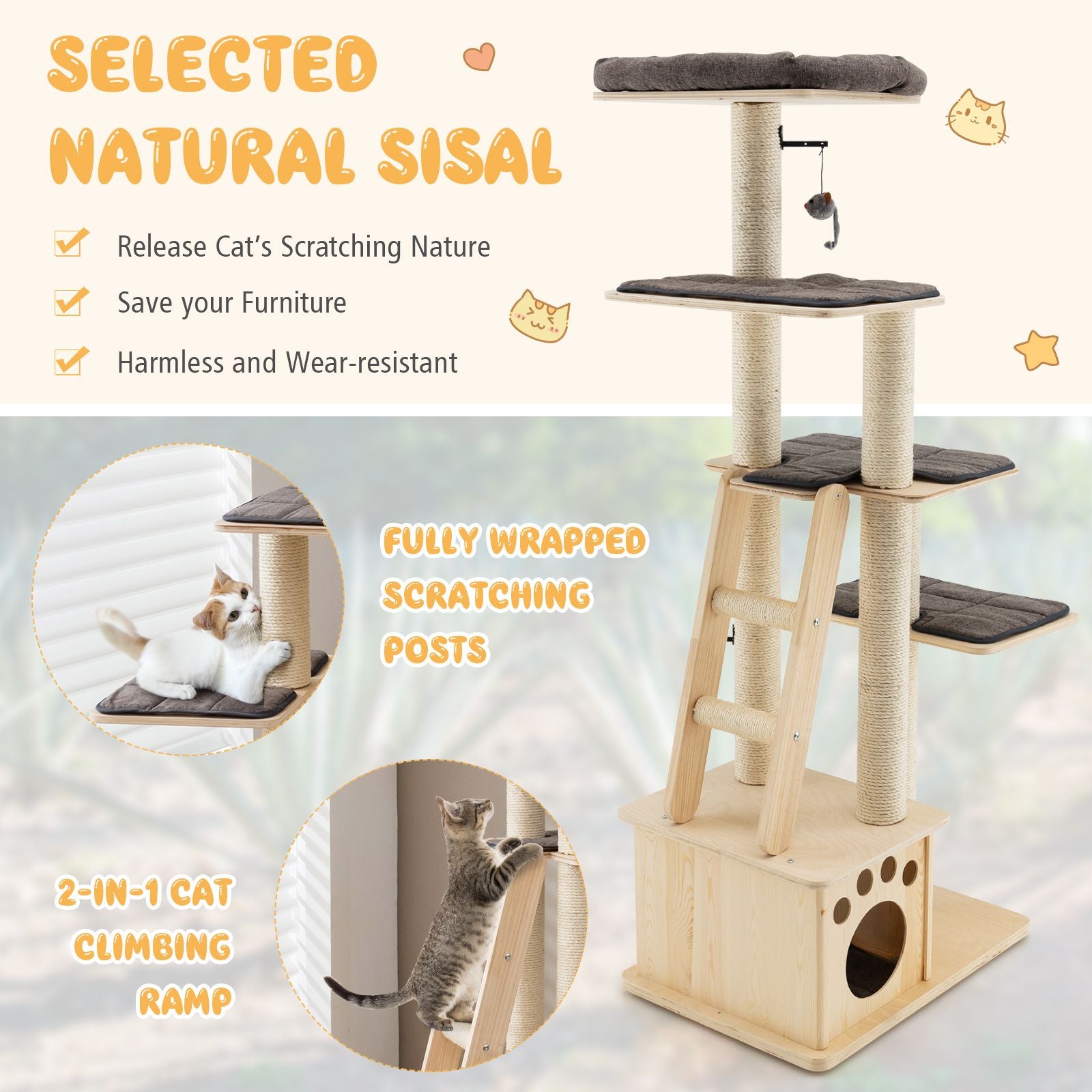Modern Wooden Cat Tree Tower with Cat House