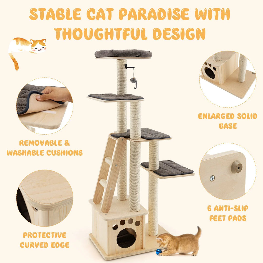 Modern Wooden Cat Tree Tower with Cat House