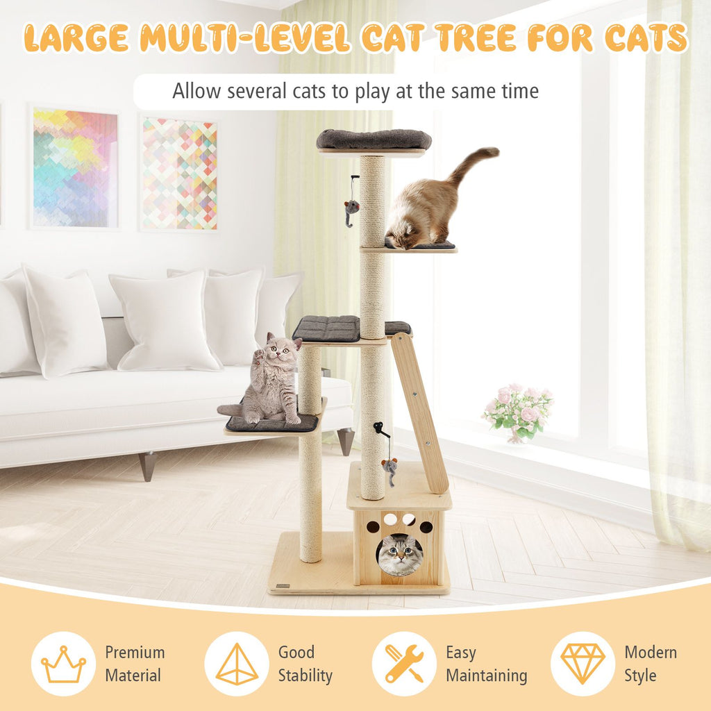 Modern Wooden Cat Tree Tower with Cat House