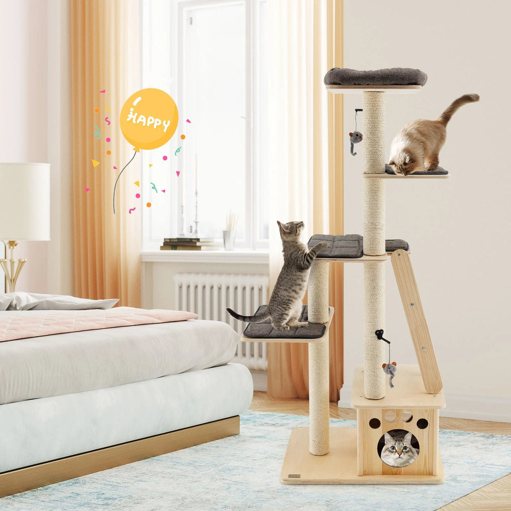 Modern Wooden Cat Tree Tower with Cat House