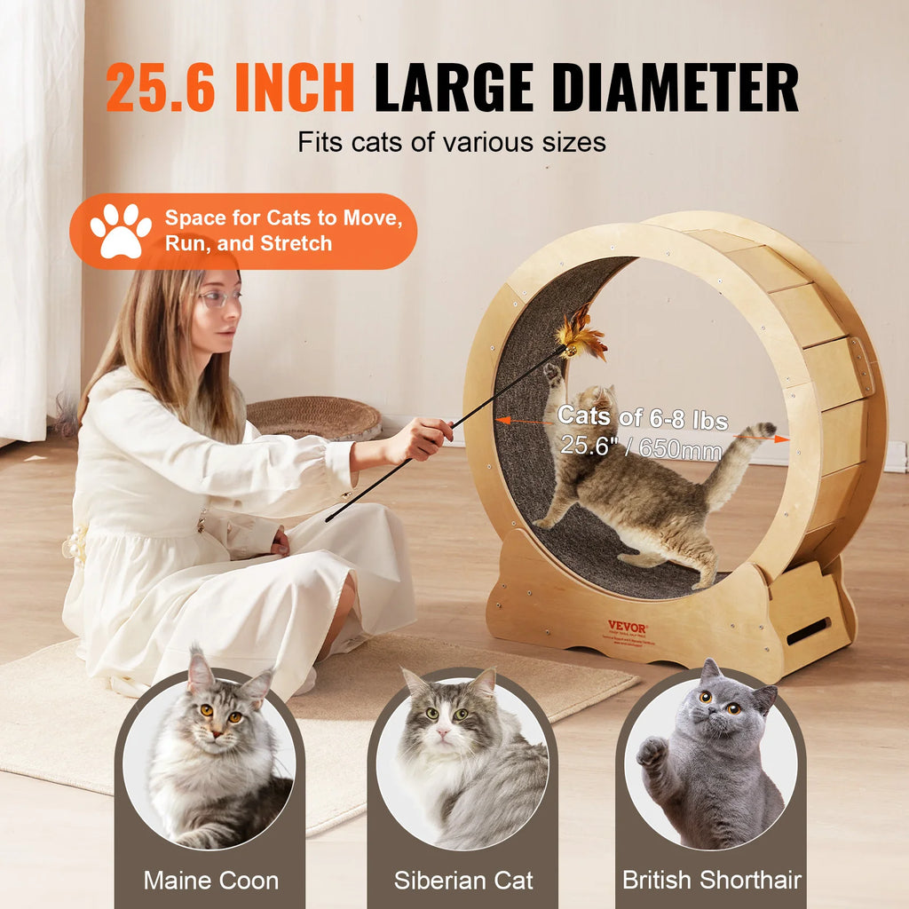 Natural Wood Cat Exercise Wheel - Silent Running Treadmill with Detachable Carpet for Ultimate Pet Fitness
