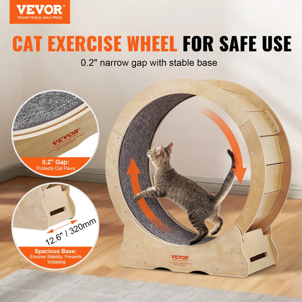 Natural Wood Cat Exercise Wheel - Silent Running Treadmill with Detachable Carpet for Ultimate Pet Fitness
