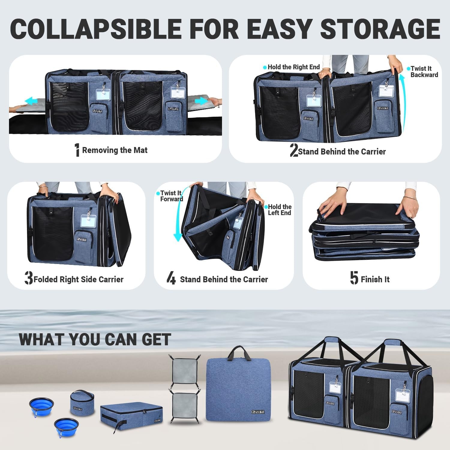 Portable Double Cat Carrier with Litter Box (Blue)