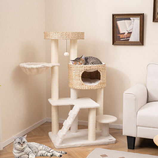 Modern Cat Tree for Indoor Cats with Cattail Fluff Condo and Top Perch-Natural