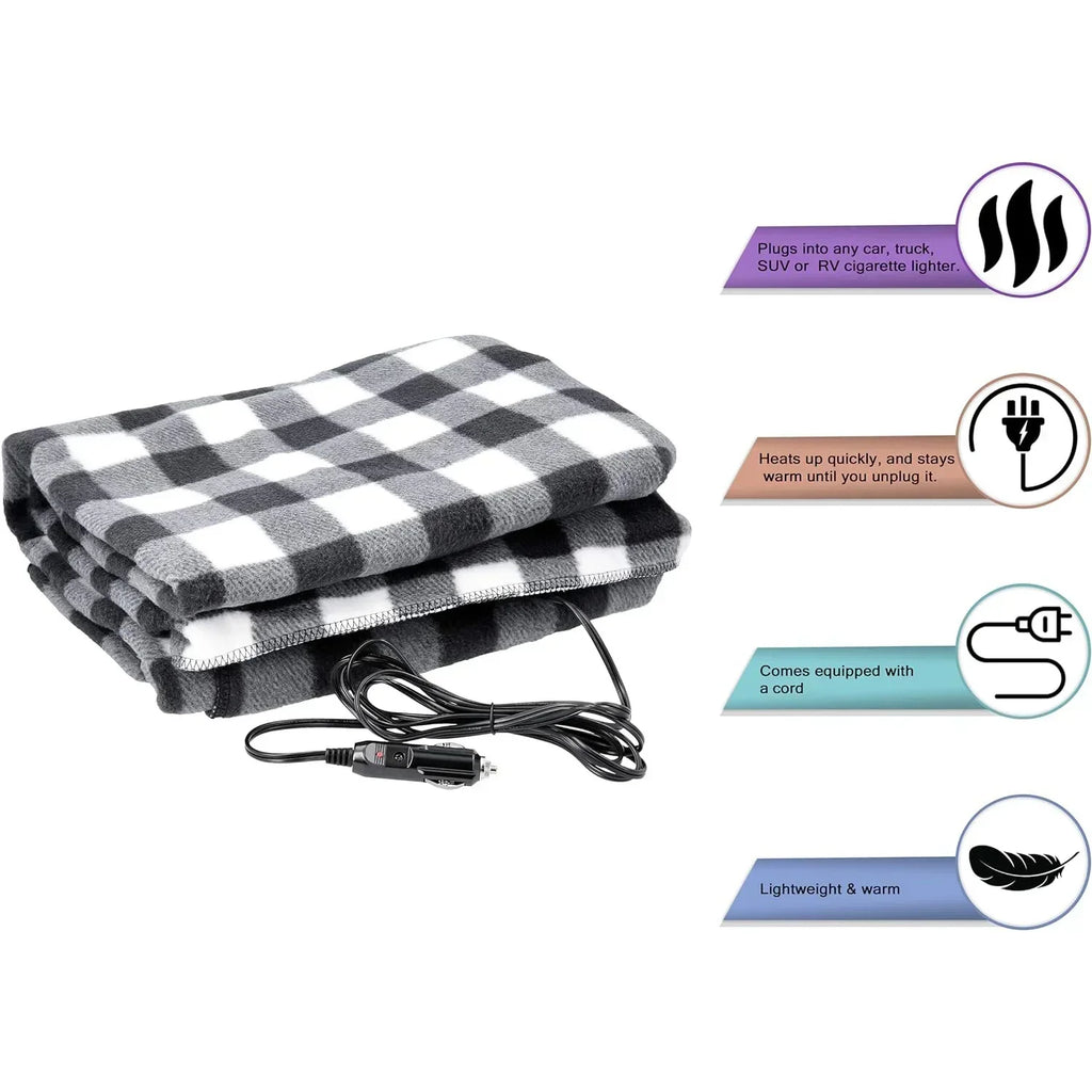 Premium Cozy Car Heating Blanket - 12V Heated Fleece Travel Throw