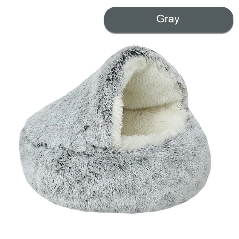 NNEDSZ Cozy Gray Plush Hooded Pet Bed - Ultra Soft Long Fur Cave Bed for Small Pets 50cm