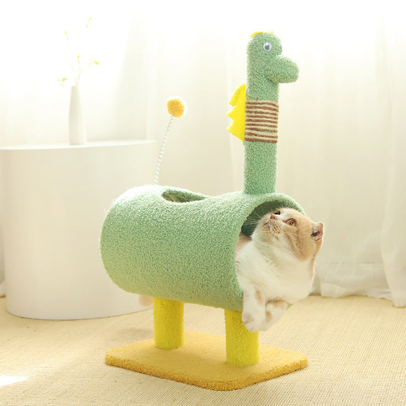NNEDSZ Green Dinosaur-Theme Cat Tree with Tunnel - Multi-Functional Cat Scratching Post and Playhouse