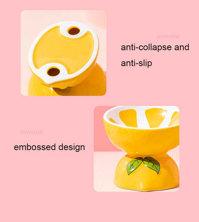 NNEDSZ Ceramic Elevated Pet Food Bowl - Cute Lemon Pattern Design for Cats and Small Dogs