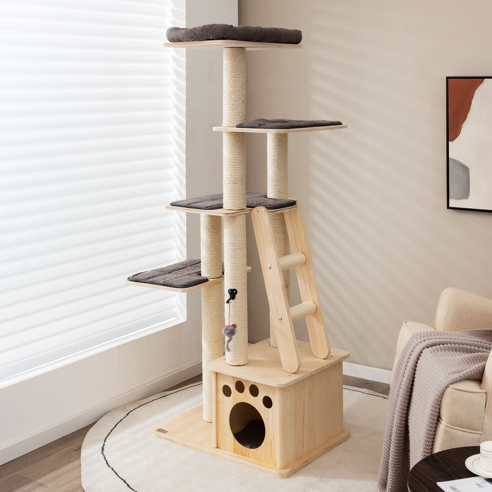 Modern Wooden Cat Tree Tower with Cat House