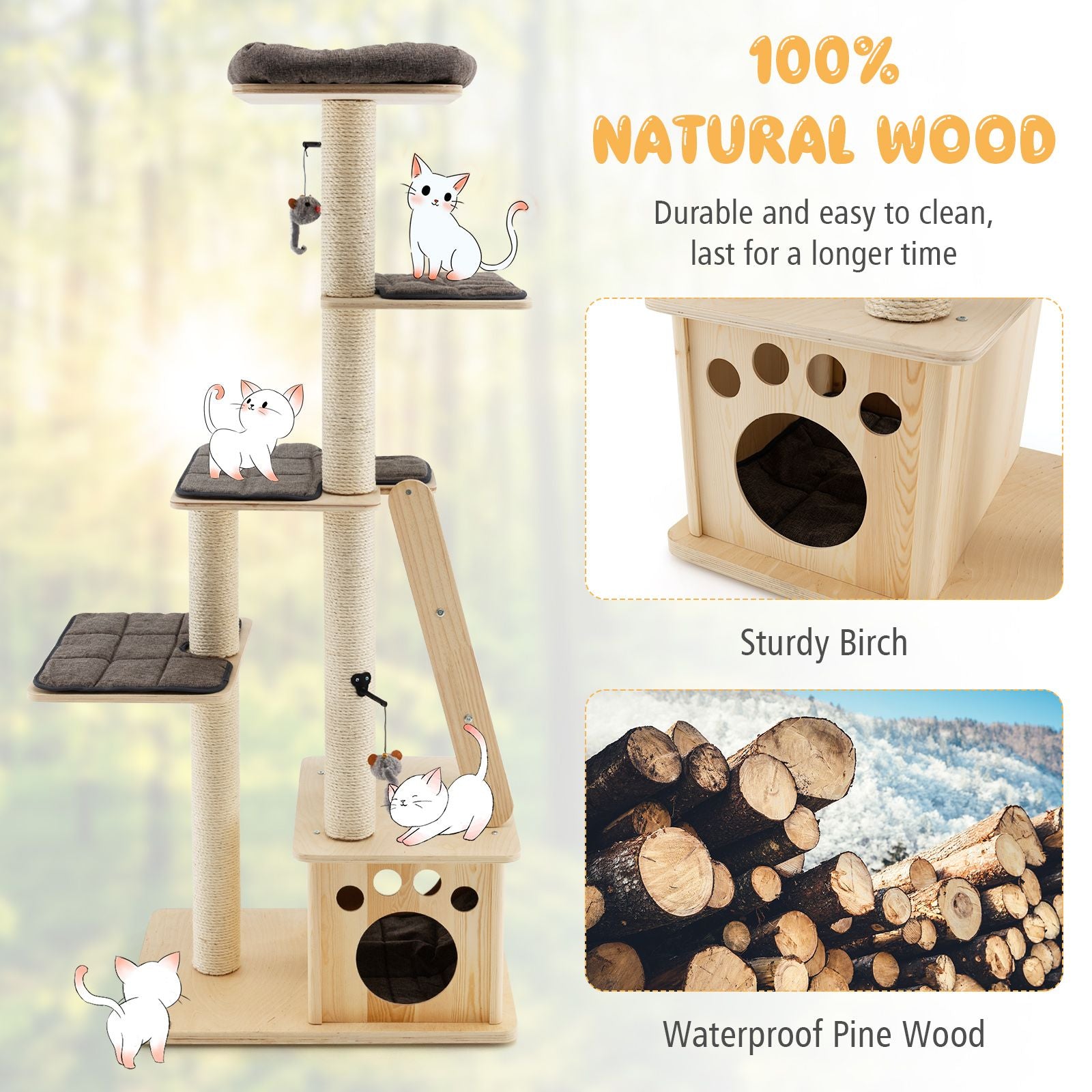 Modern Wooden Cat Tree Tower with Cat House