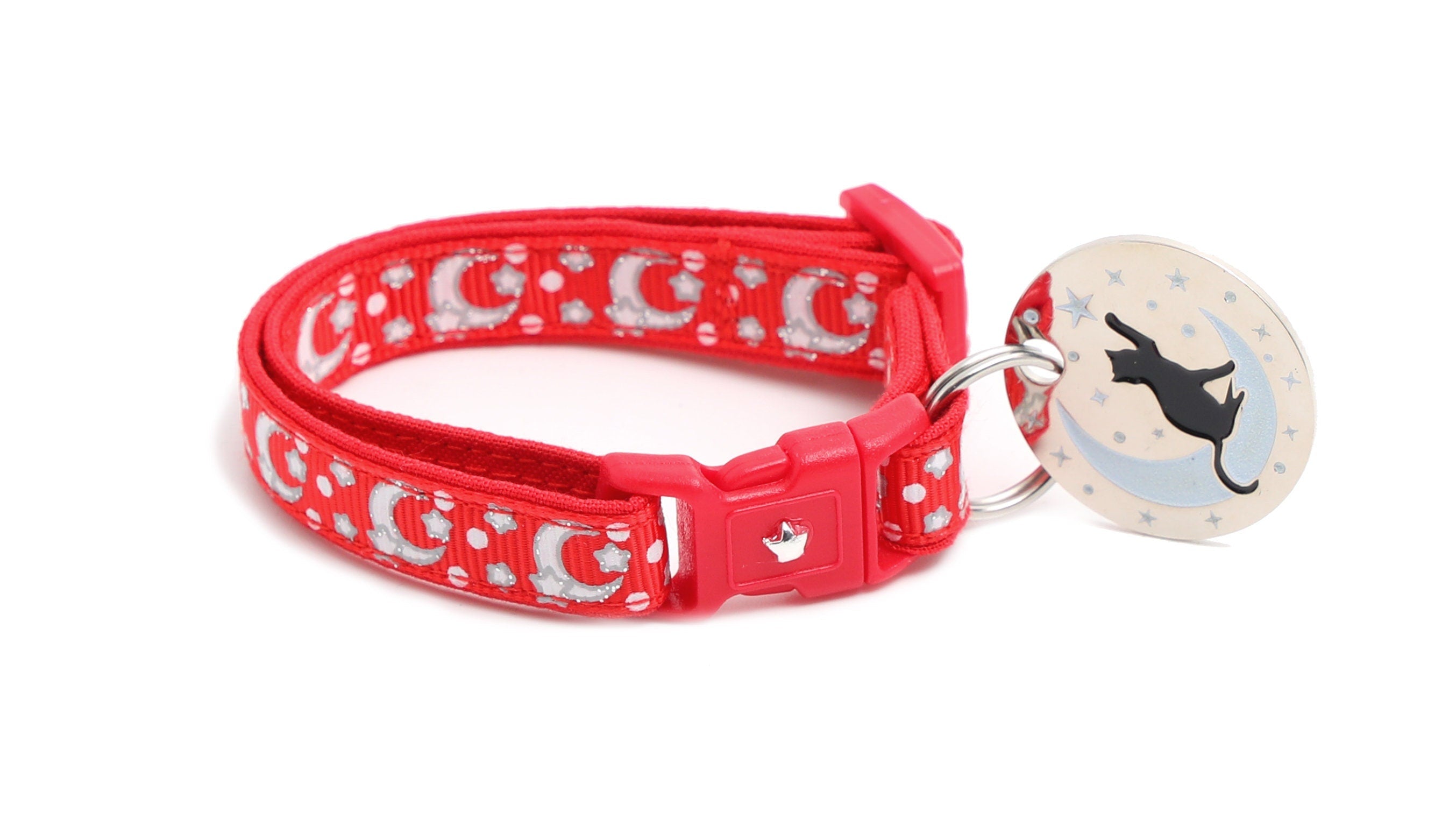 Silver Moons and Stars on Bright Red Cat Collar