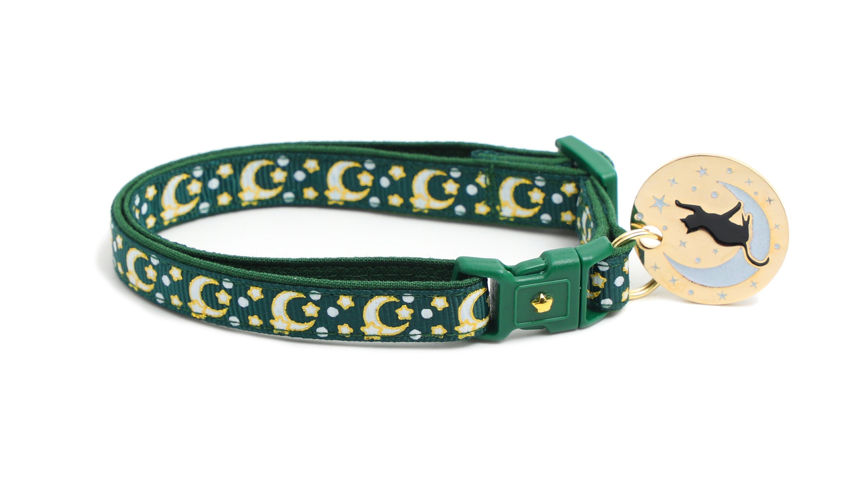 Gold Moons and Stars on Dark Green Cat Collar