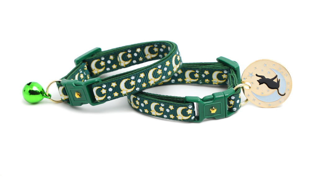 Gold Moons and Stars on Dark Green Cat Collar