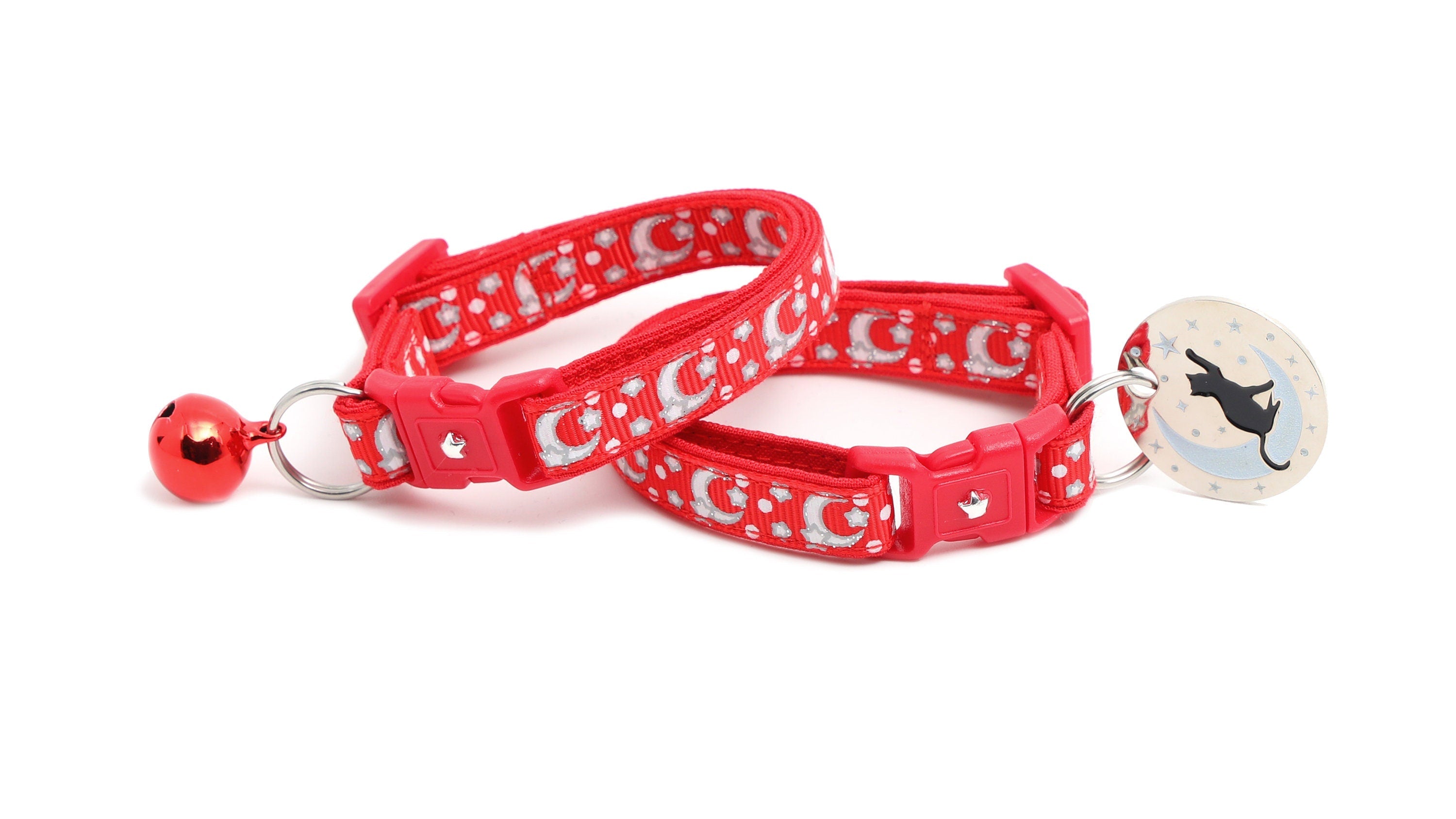 Silver Moons and Stars on Bright Red Cat Collar
