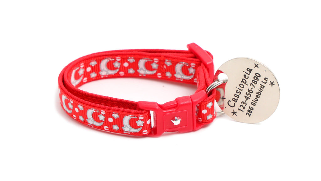 Silver Moons and Stars on Bright Red Cat Collar