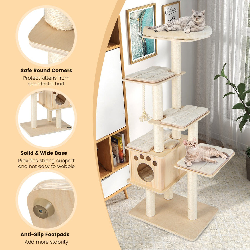 NNECW Modern Wooden Cat Tower with Scratching Posts Washable Cushion