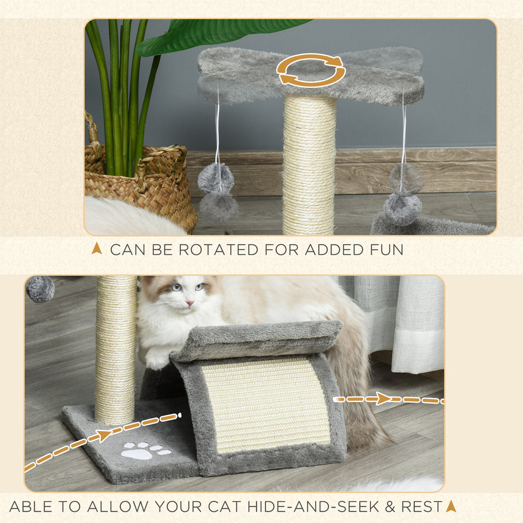 Cat Tree with Sisal Scratching Post, Cat Tower for Kittens, Small Cat Condo with Rotatable Top Bar, Tunnel, Dangling Balls, Grey
