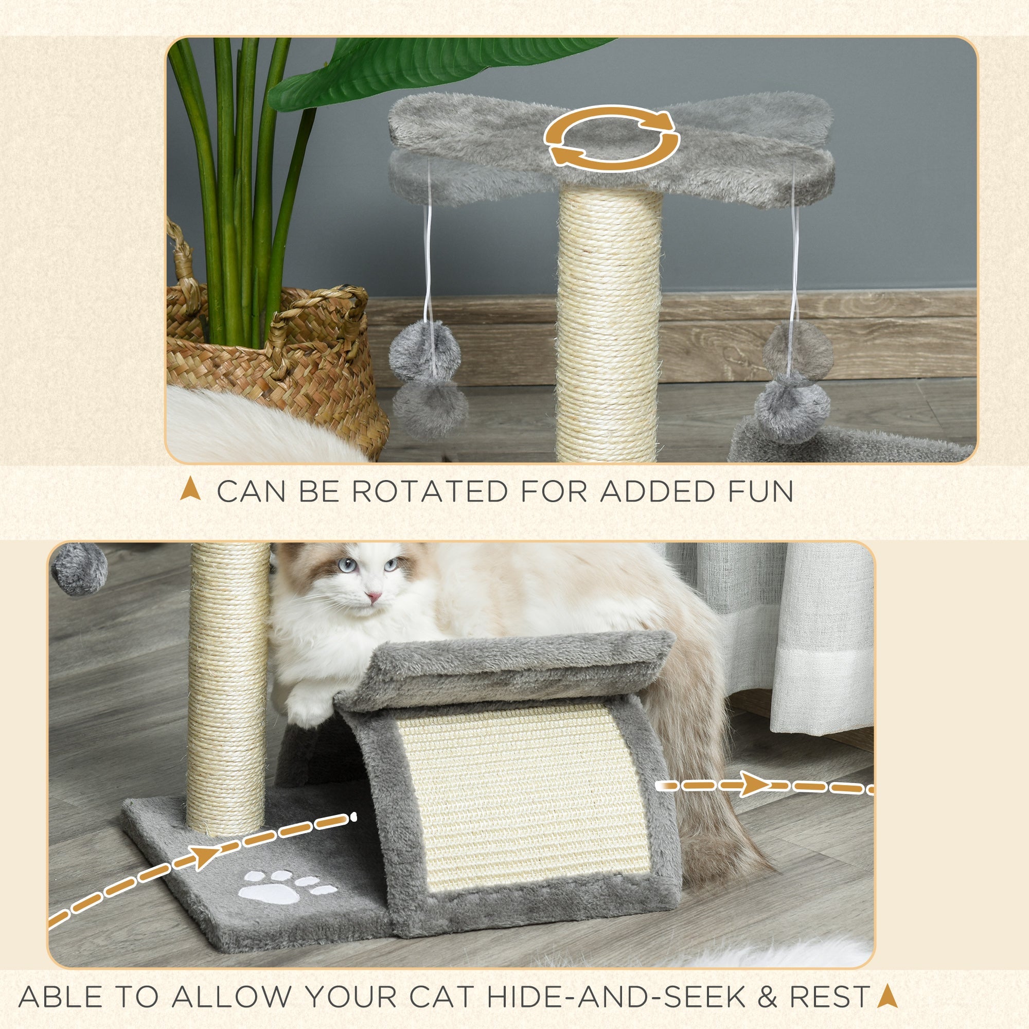 Cat Tree with Sisal Scratching Post, Cat Tower for Kittens, Small Cat Condo with Rotatable Top Bar, Tunnel, Dangling Balls, Grey